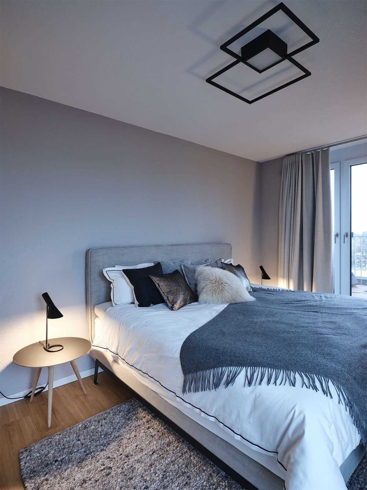 Stadtapartment in Altona - Das Schlafzimmer, in hellen Grautönen gestaltet, vermittelt Ruhe und Gelassenheit.