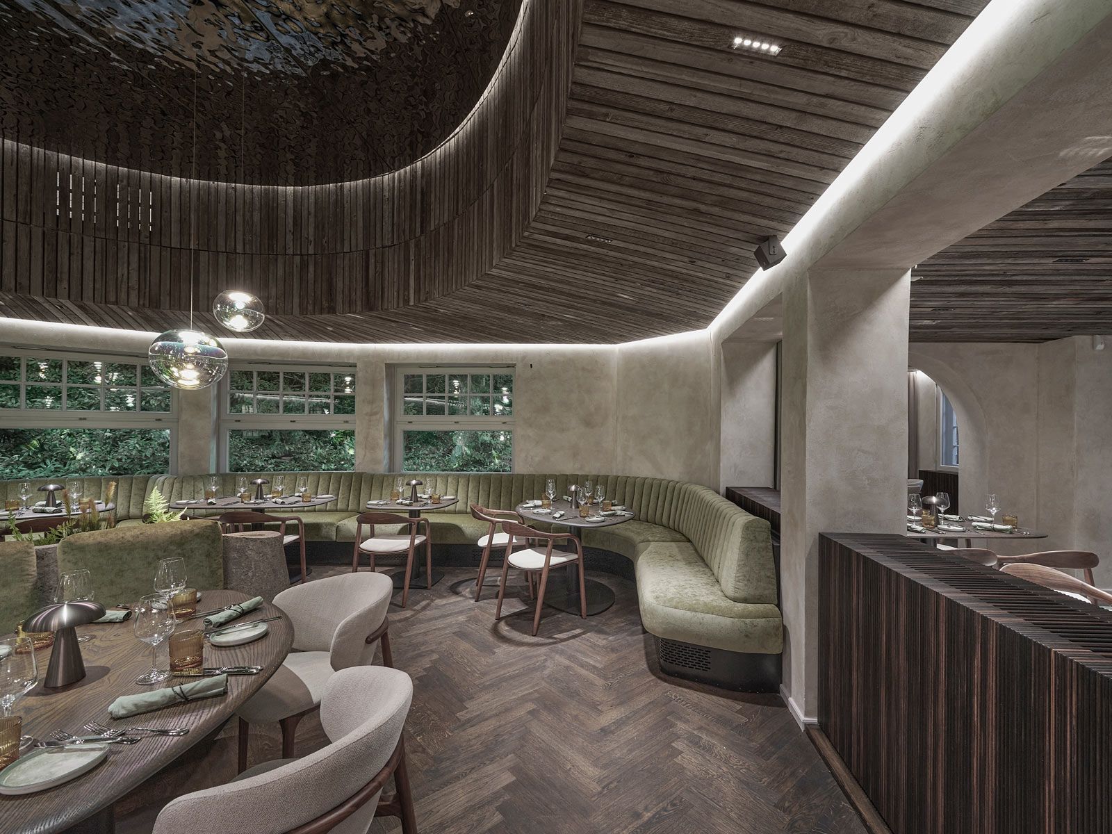 Gastronomie im Herzen des Stadtparks - Warme Holz- und Erdt&ouml;ne finden sich im gesamten Raum wieder.