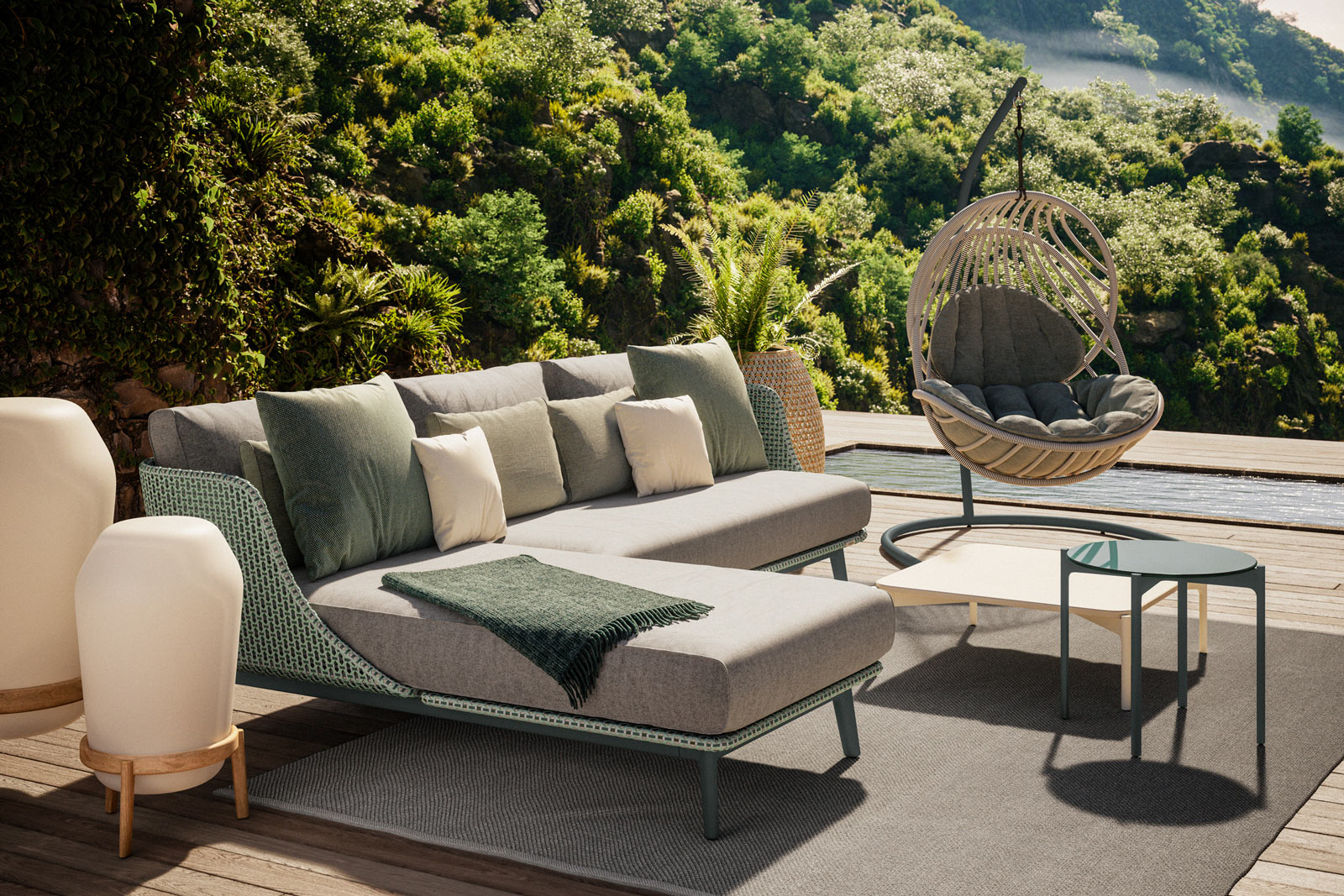 Entspanntes Outdoor-Feeling: Das MBARQ Loungesofa und der KIDA Hängesessel.